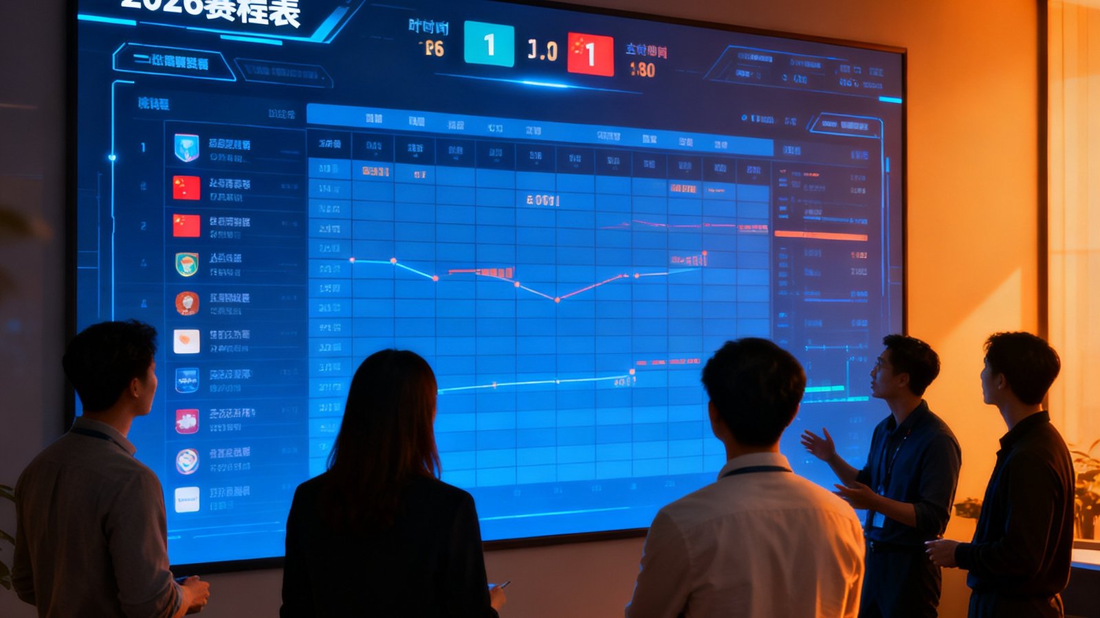 赛程表2026核心团队在数据大屏前讨论赛程更新与实时比分策略